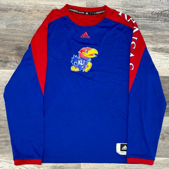 Adidas Kansas University Jayhawks Blue Red Mens L Center Logo Long Sleeve Shirt - Picture 1 of 8